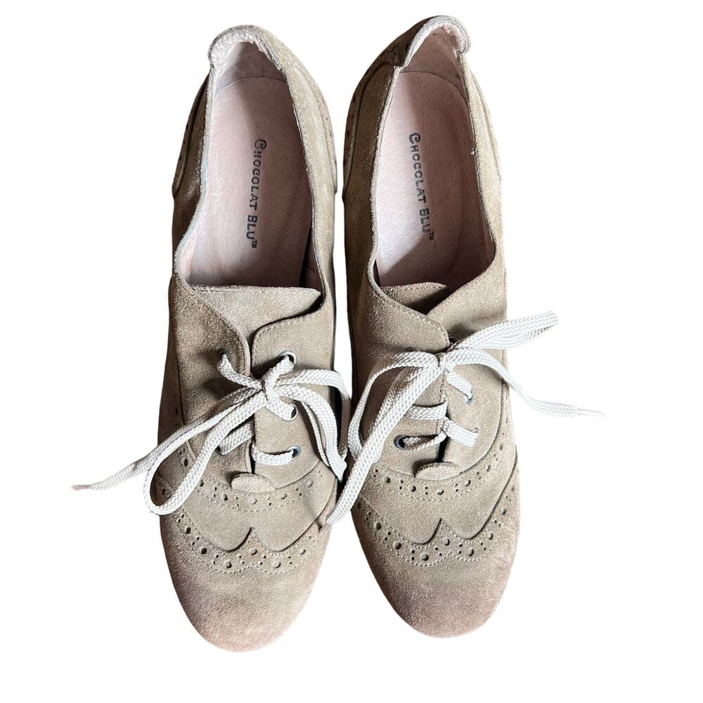 Chocolat Blu Denise Tan Suede Heeled Oxfords 10 Comfort Brogue Dark Academia - Picture 5 of 8